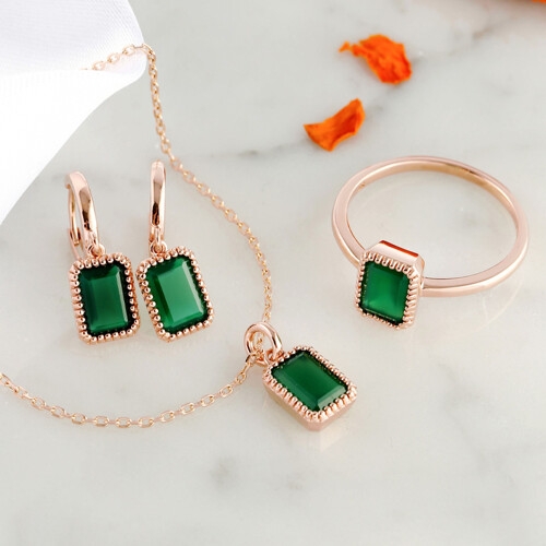 비앤비골드 14K 심플 스퀘어 그린 오닉스 주얼리세트 반지+귀걸이+목걸이_JNS28396