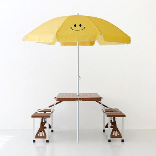 마켓비 로밀 스마일 파라솔 옐로우 + 캠폴 야외 의자일체형 접이식 테이블 4인세트 브라운