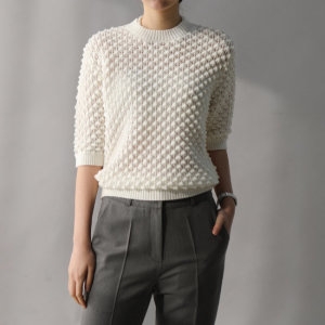 헤이올리 사각 볼록패턴 반팔 라운드넥 니트 스웨터 NHK100_이미지