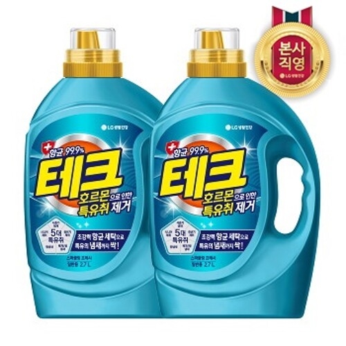 LG생활건강 테크 호르몬 특유취 제거 액체세제 일반용 2.7L (2개)