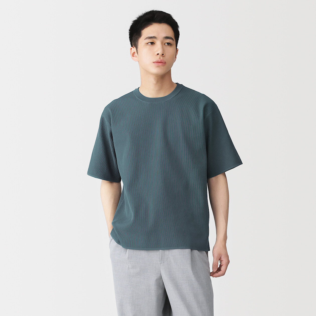  무인양품 남성 건조가 빠른 워셔블 리브 반소매 니트 티셔츠 AA0UXA6S