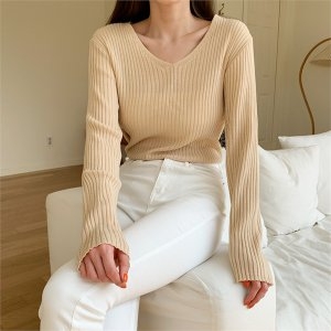  여자 V넥 롱슬리브 FW 포멀핏 클래식 골지 스웨터 7779713