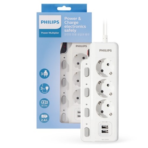 필립스 3구 16A 개별스위치 USB 고용량 멀티탭 (3m)_이미지
