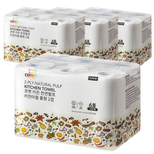 코멧 키친 천연펄프 롤형 2겹 키친타월 130매 (6입) (24팩(144입))_이미지