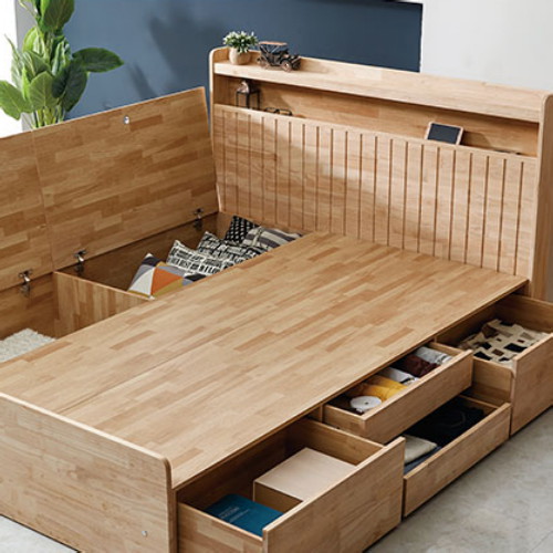동서가구 네오 덴바 고무나무 원목 수납헤드 서랍형 LED침대 Q (독립스프링)_이미지