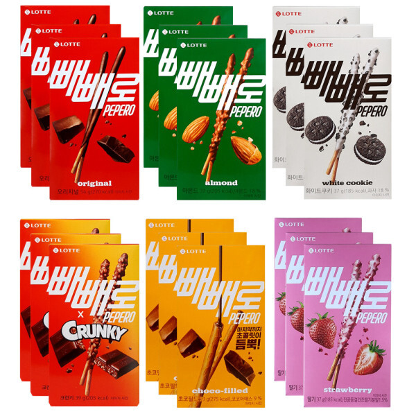 롯데제과  빼빼로 6종 3개씩(딸기54g+초코 오리지널 54g+아몬드37g+화이트쿠키37g+크런키39g+초코필드53g)