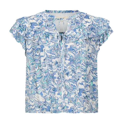 썬쿠 패턴 프릴 넥리본 캡소매 블라우스 SN71D5BLS05X_이미지