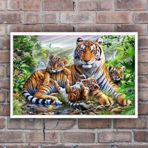 [불명] 호랑이 가족 보석십자수 원형비즈 큐빅 전체수 110x75