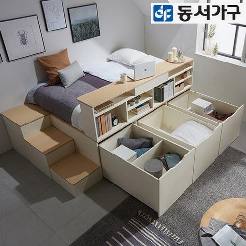 동서가구 이미지 평상형 멀티수납 3단 수납계단 침대 SS+와이드책장 (매트별도)_이미지