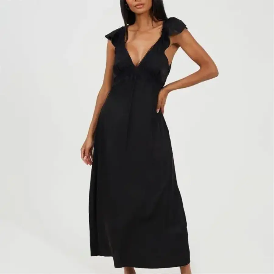 소울 Brave V-Neck Short Sleeve Maxi A-Line Dress Black 7622196