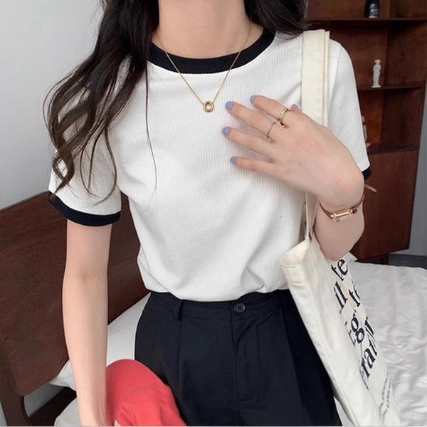 더블디 여성 빈티지 골지 라인 배색 반팔티 TDN-0064 40363397A