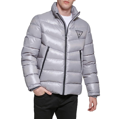 게스 남성용 미드웨이트 로고 오버사이즈 지퍼 패딩, 실버 178440
