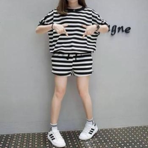 오노마 ONM 여성 여름 스트라이프 트레이닝 반팔반바지 셋업 32619995_이미지