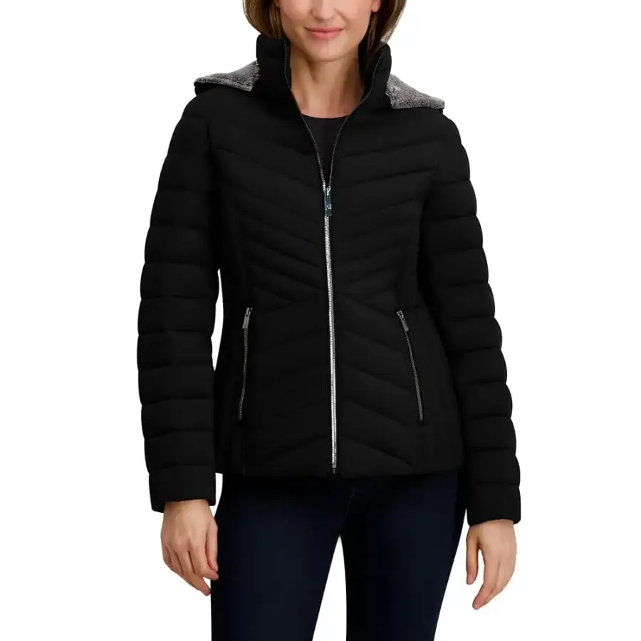 NAU tica 여성용 스트레치 퍼퍼 재킷 탈착식 인조 모피 후드 미드웨이트 방수 코트, 블랙., XS 167799_이미지
