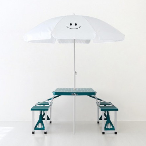 마켓비 로밀 스마일 파라솔 베이지 + 캠폴 야외 의자일체형 접이식 테이블 4인세트 그린