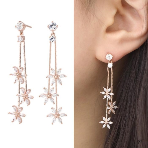 미니아트 14K 골드필드 핀 큐빅 플라워 더블 드롭 일자침 귀걸이 16332022_이미지