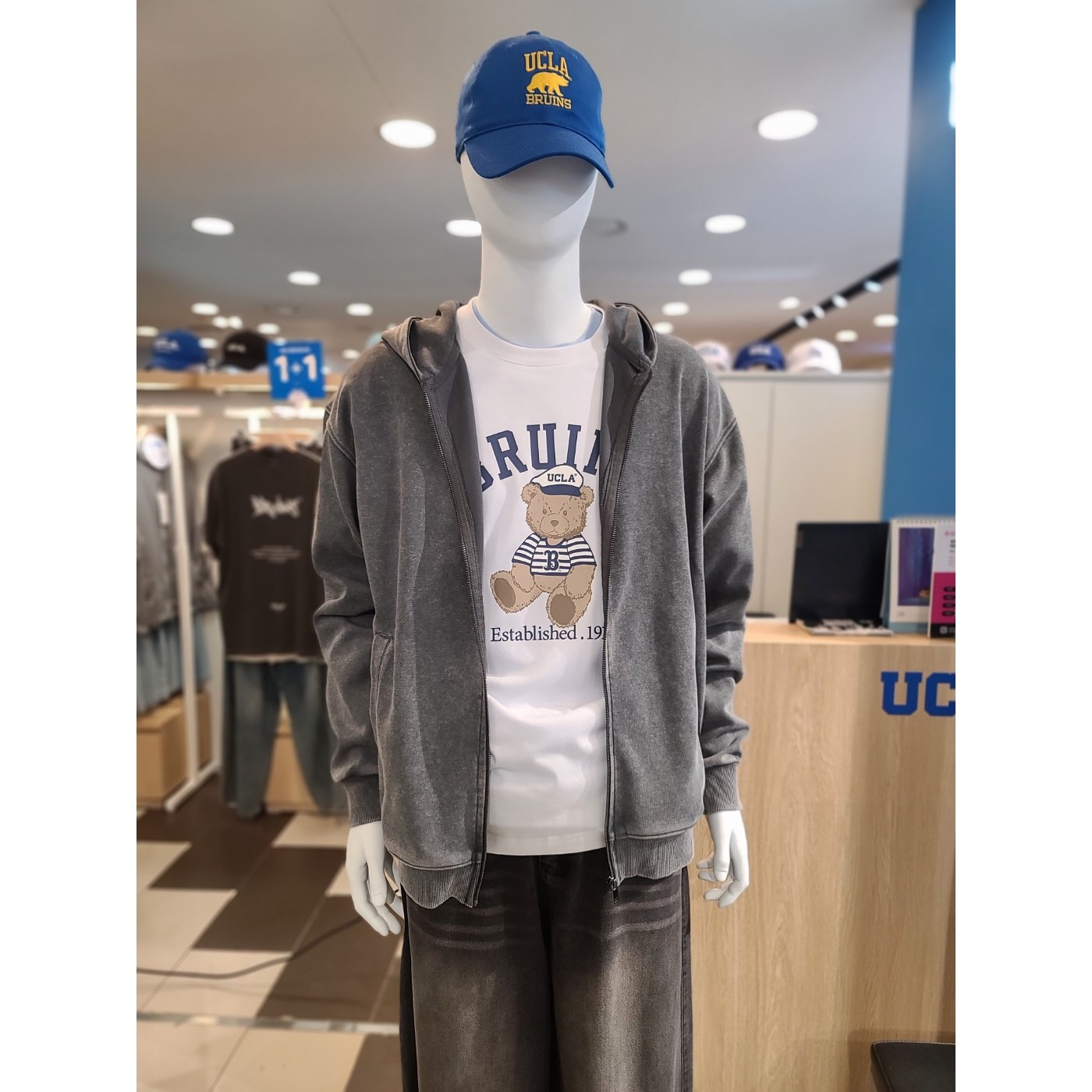 피그먼트 UCLA 공용 후드 집업 UC8UJ05 그레이 35 M