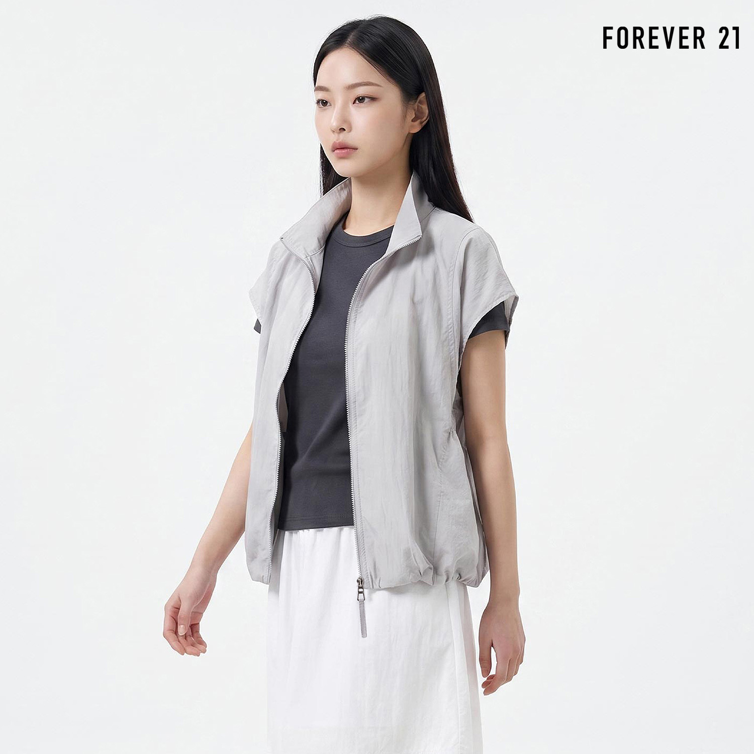  FOREVER21 집업 하이넥 밑단 밴딩 베스트 FTDBVT002