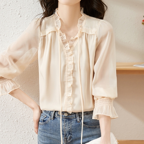 루나걸 여성용 헤르샤 프릴 블라우스 L24FBL072212 아이보리 M 55_이미지