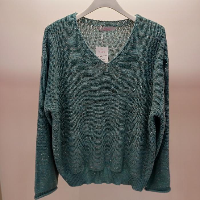 라티움 HC06 봄 뜨개느낌 스판 비즈배색 짱 뷔숑 브이넥 니트티 T2613sw18M 46626175_이미지