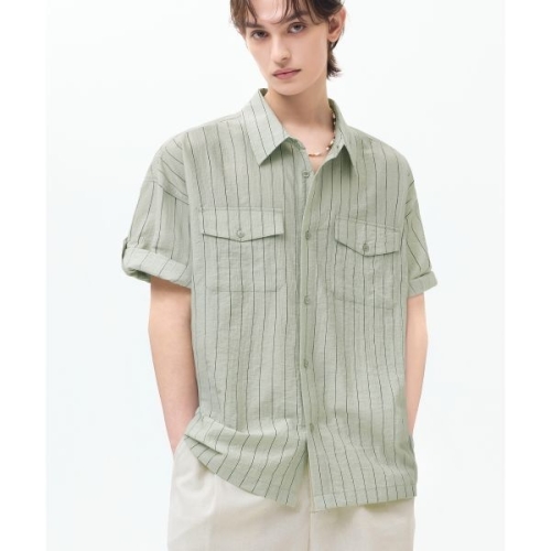 ltgt TRILLION 섬머 스트라이프 오버핏 롤 업 반팔 셔츠 라이트 카키 TRSSH36KH 103904