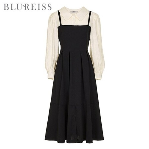 블루레이스 셔츠 카라 배색 핀턱 원피스_B6S1OP3001