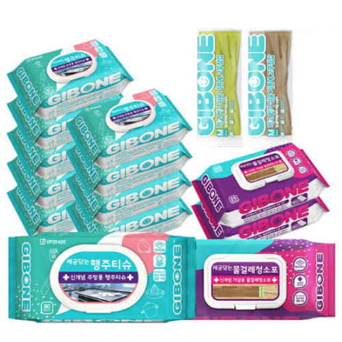 기본에 세균닦는 행주티슈 80매*10팩 + 세균닦는 물걸레 청소포 특대형 25매*3팩 + 고무장갑 M 2개 세트_이미지