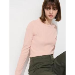 유니클로 여성 하의 상의 코튼 블렌드 소프트 골지 크루넥 T 핑크 474400_이미지