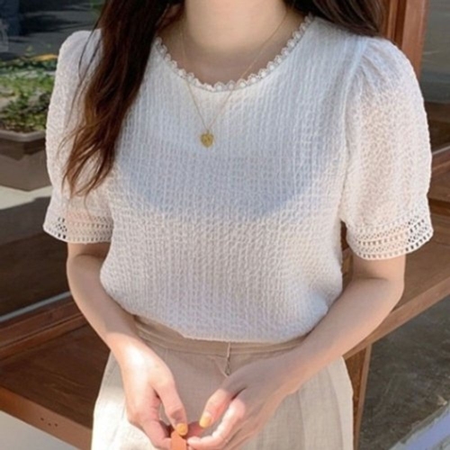 레이스 포인트 화이트 블라우스 여름 반팔 하객룩 WEA5C55