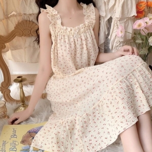 몽트노블 유료 폴리잠옷 집에서입는옷 시원한 민소매 체리 원피스 나시 잠_이미지