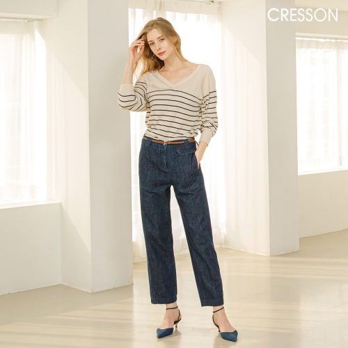  크레송 인디고 여성 린넨 블렌디드 배기핏 데님팬츠 C211PT01A_IN