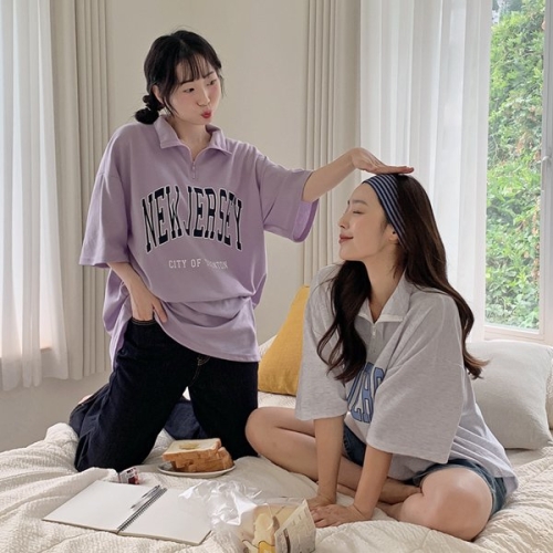  핫핑 프린팅포인트/캐주얼 뉴저지 오버핏 카라 반집업 반팔티셔츠 P000CNLH