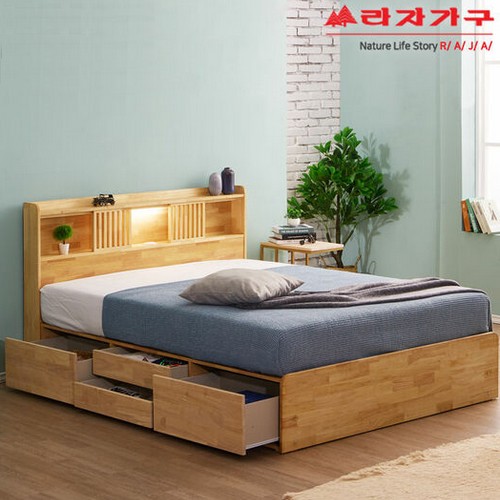 라자가구 위드 팀버 원목 4서랍 LED침대 Q (라텍스탑독립)