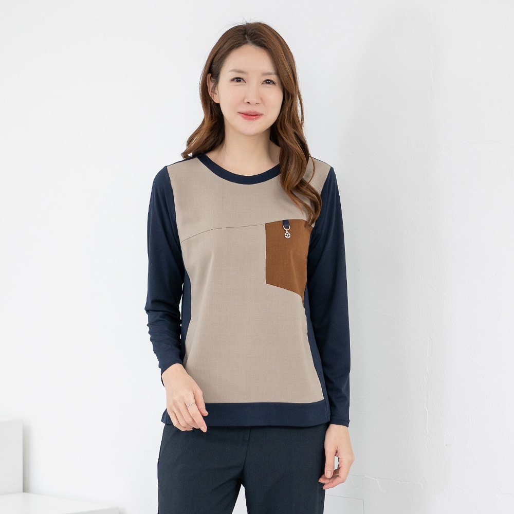 모슬린 엄마옷 엄마옷 라운드 배색 포인트 긴팔티셔츠 602HJK075 중년여성/50대/60대/70대/빅사이즈/할머니