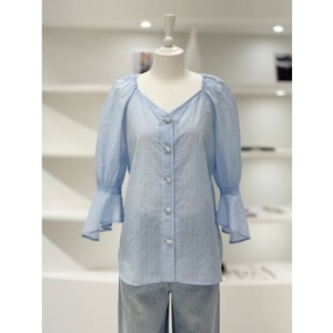 대현 듀엘 여성 스트라이프 7부 프릴 소매 블라우스 L252MSC053