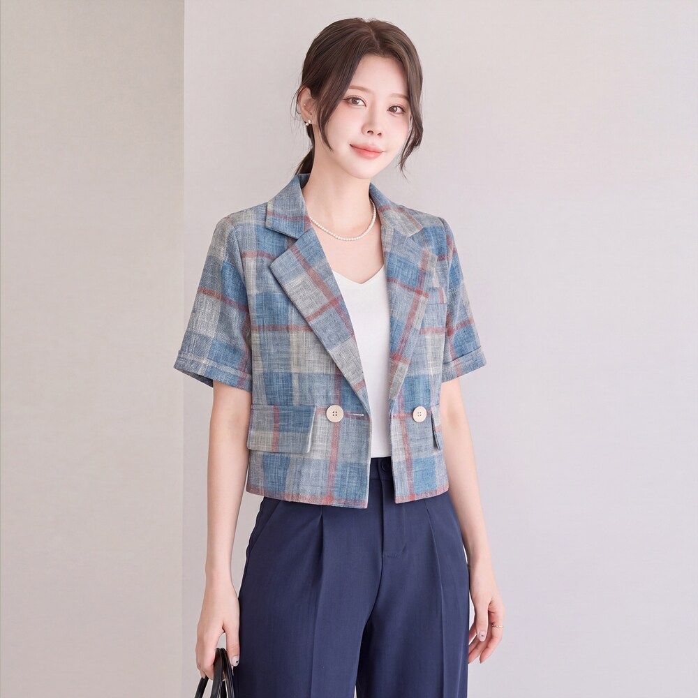 모리스커밍홈 체크 더블버튼 반팔 린넨 자켓_M2605JK049B_이미지