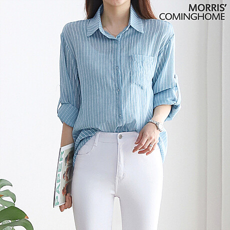 데일리 스트라이프 롤업 거즈 셔츠 M2305BL124B
