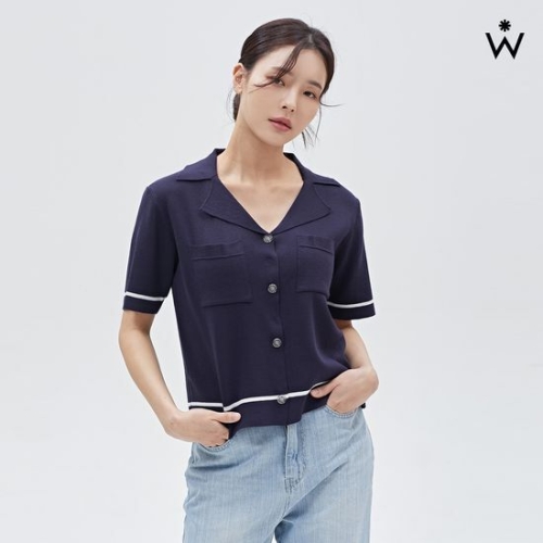 위시드 투 포켓 라인 배색 카라 반팔 니트 WIAANT098_이미지