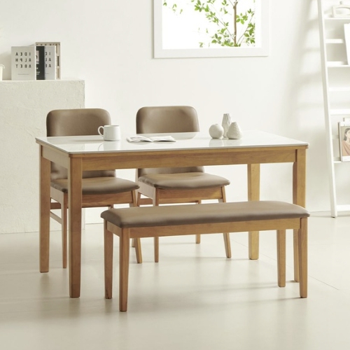 라로퍼니처 린디 유광 포세린 통 세라믹 원목 식탁 1300 (의자2개+방석벤치1개)