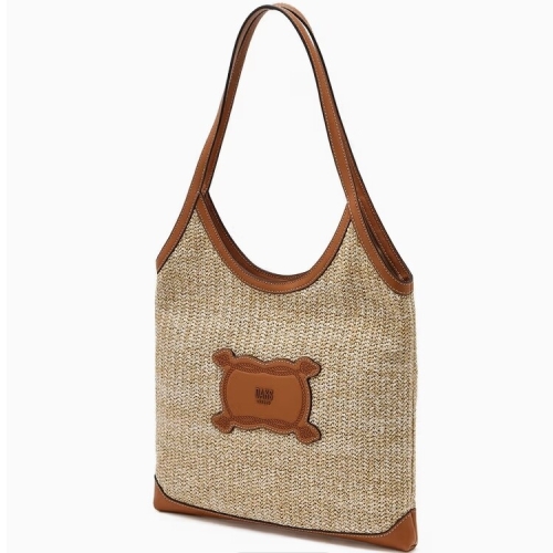 소가죽 배색 베리지 라피아 숄더백_DCBA6E152