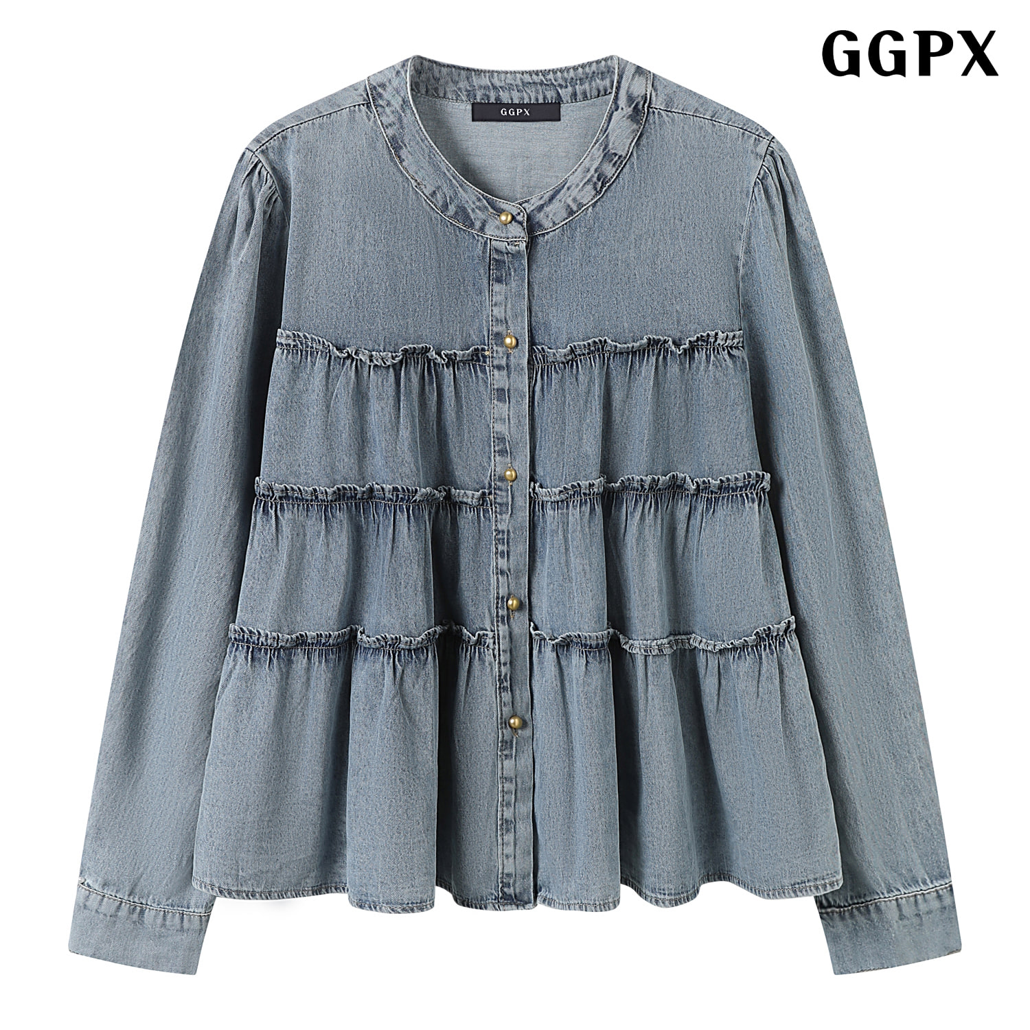 GGPX 빈티지 볼륨 러플 데님 블라우스 GQCBA030D_이미지