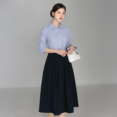 시크라인 디바이 스트라이프 셔츠 배색 원피스 플레어 봄 가을 오피스 하객룩 데이트 모임 미시 빅사이즈 L CLPA-O-57 네이비_이미지