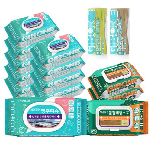 세균닦는 행주티슈 80매*10팩 + 세균닦는 물걸레 청소포 표준형 25매*3팩 + 고무장갑 M 2개 세트