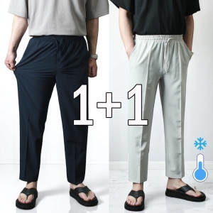 프랭키뉴욕 1+1 남자 여름 바지 아이스 냉감 밴딩 남성 정장바지 9부 빅사이즈 블랙 네이비 아이보리 연베이지_AR581SE