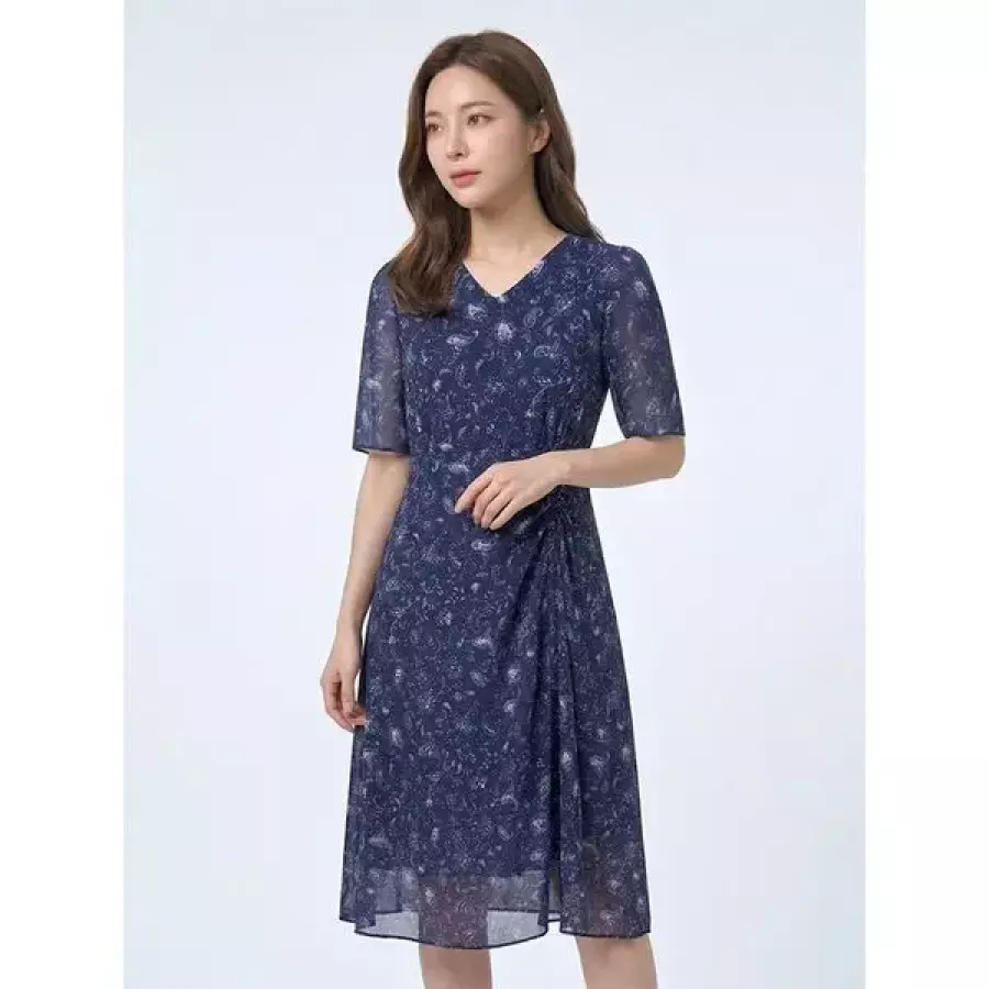  올포유 여성 프린트 브이넥 반팔 롱 원피스 ALONM4411 906