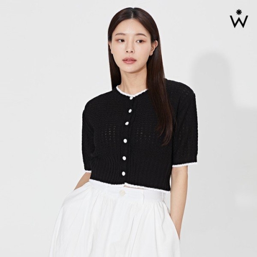  위시드 Y배색 페미닌 부클 스카시 반팔 가디건 WIAACD041