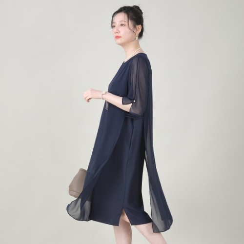 엄마옷 이중 쉬폰 하객룩 진주 여름 반팔 롱 정장 원피스 K07547