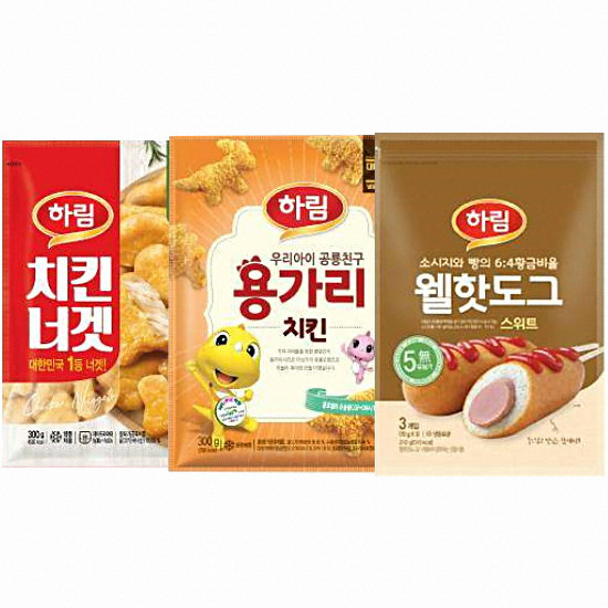 하림 치킨너겟 300g + 용가리치킨 300g + 웰 핫도그 스위트 3개입 210g (1개)