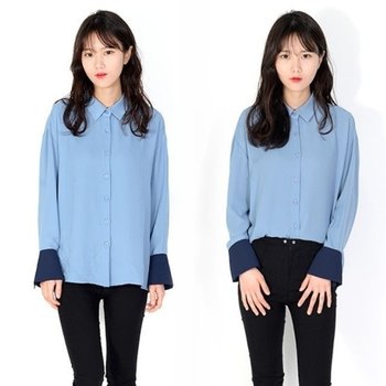 포인트 배색 데일리 블라우스 패션 소매 공항패션_19649942_667501_이미지