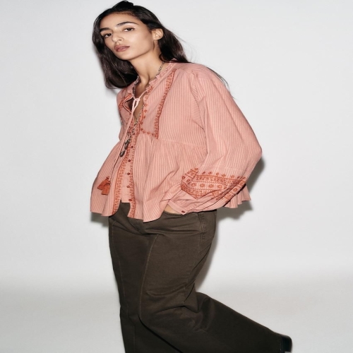 자라 우먼 콘트라스트 엠브로이더리 자수 블라우스 MARSALA 7200042172 821158